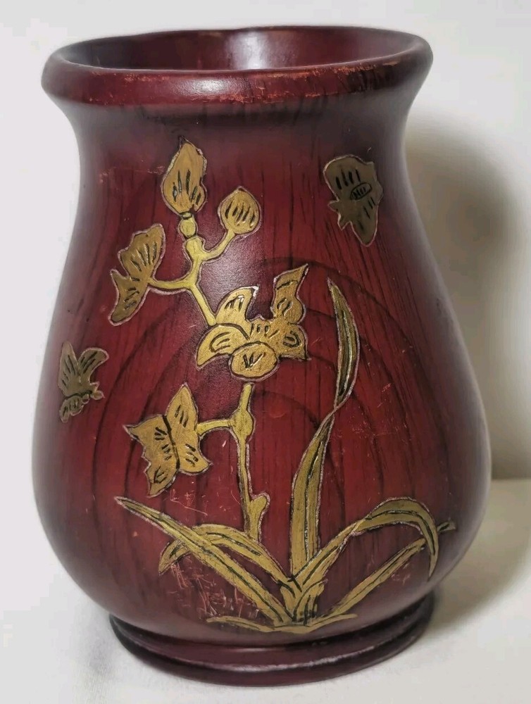 Vintage Hand-Painted Golden Bamboo Wood Carved Vase 4.25X3 Inch
