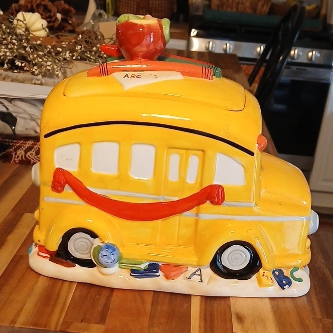 Ceramic School Bus Cookie Jar with Lid Yellow Transportation Education 12x10x8
