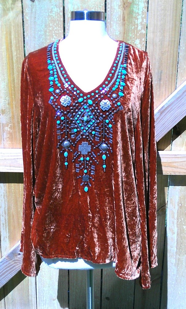 Double D Ranch Cinnamon Color Beaded Velvet Top Tunic Large EUC