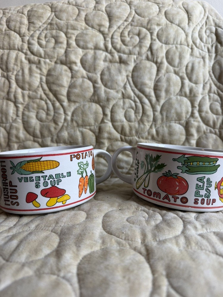 Retro 70s Soup Mugs Set of 2 Vegetable Mushroom Tomato Graphics Stackable Bowls