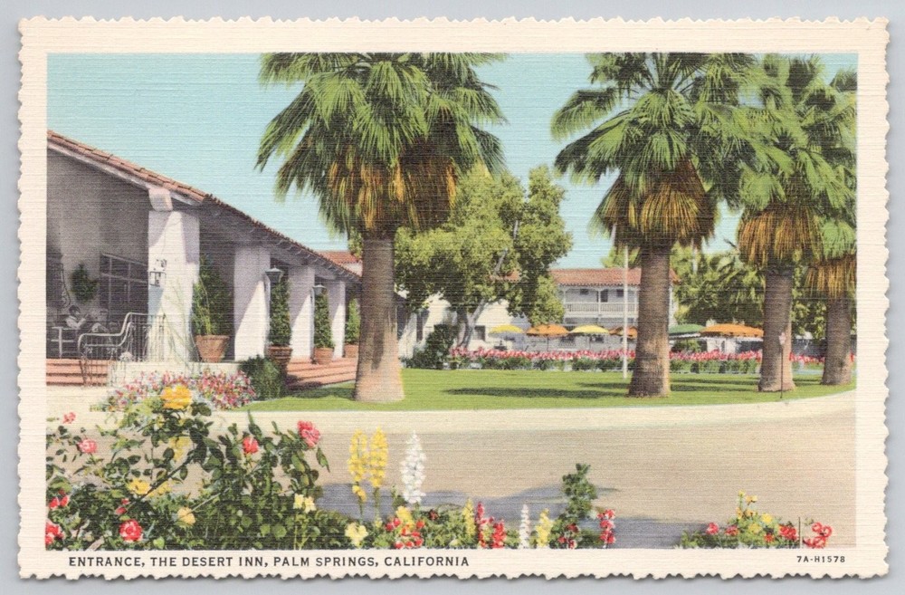 Palm Springs The Desert Inn Entrance Linen Postcard Stephen H. Willard 1940s