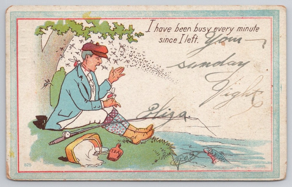 1909 Vintage Humorous Fishing Cartoon Postcard Wilkes-Barre PA Posted