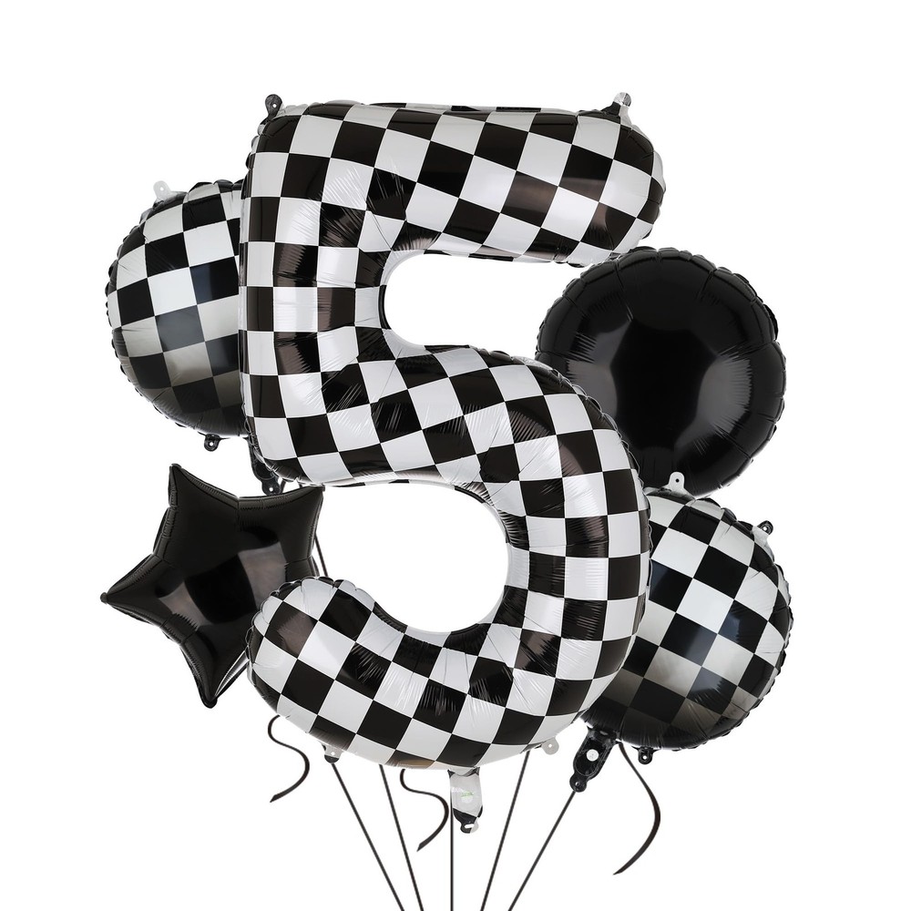 40 Inch Checkered Number Balloon 5 Black and White Race Car Birthday Balloons...