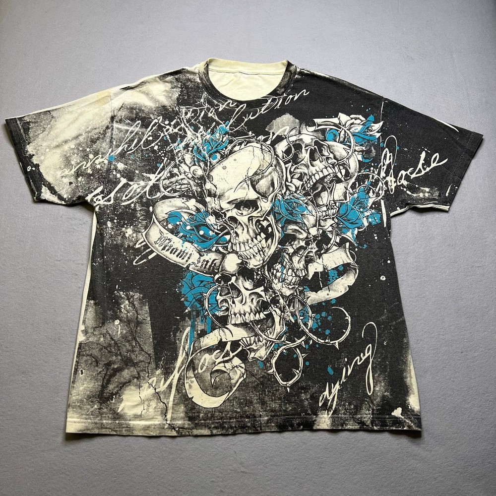 Affliction Style Skull Graphic T Shirt Men’s  Black Beige AOP Y2K XL / XXL