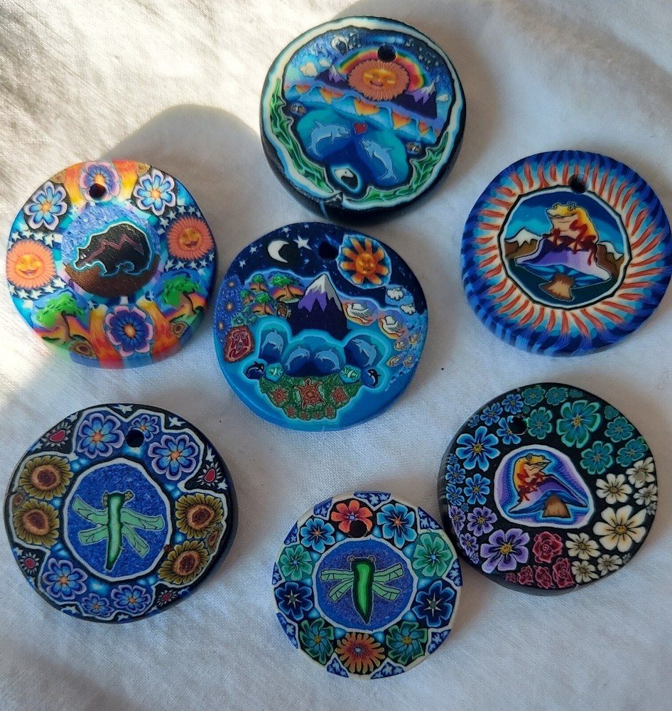 7 Fine Designed Fimo Beads Dragonfly, Bear, Mountains, Dolphins, 1 inch