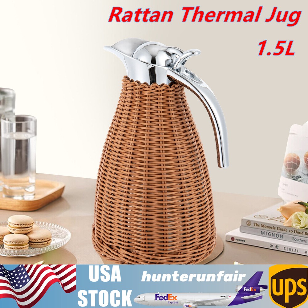 1.5L Rattan Insulated Thermal Jug Coffee Double Walled Vacuum Insualted Jug