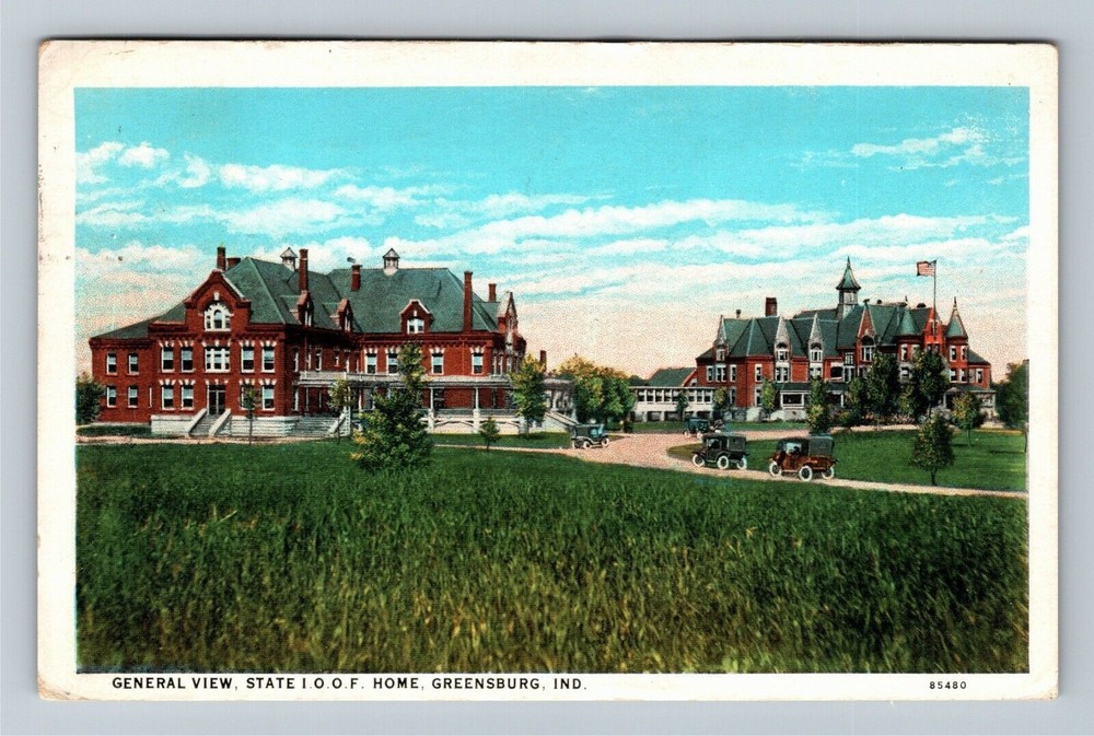 Greensburg IN-Indiana, State I.O.O.F. Home, Period Cars, c1935 Vintage Postcard