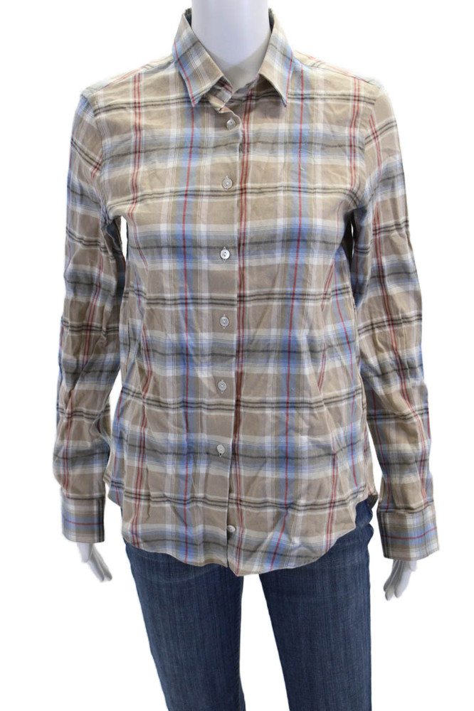 Sharis Place Womens Plaid Button Down Shirt Beige Blue Cotton Size EUR 42Free Shipping in US $100+ Orders | $6.95 Orders Below