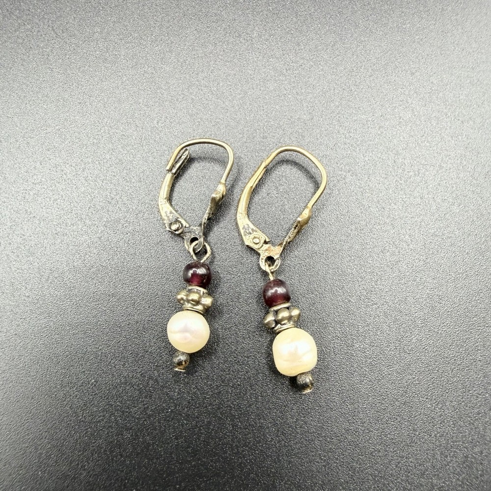 Vintage Sterling Silver 925 Garnet Pearl Earrings Dangle Drop Pierced Jacket