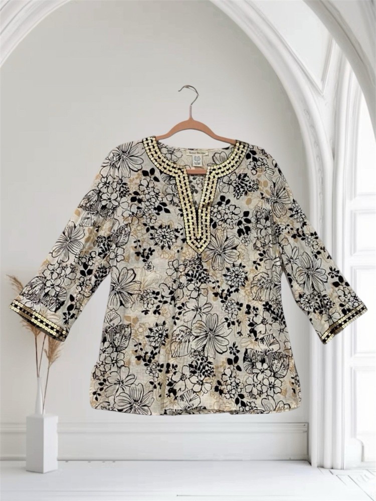 Susan Bristol Womens Sequin Embellished Linen Blend Top Size Medium Summer Chic