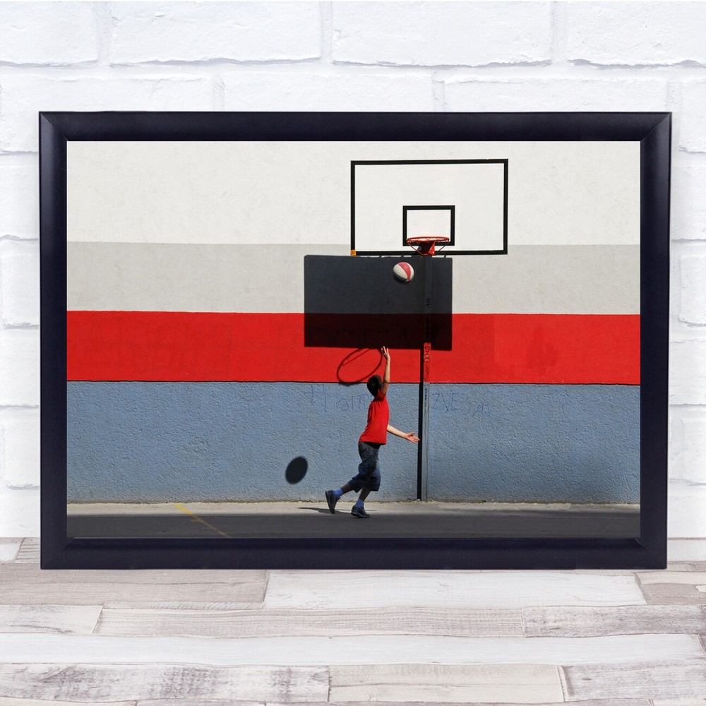 Basketball kid playing red wall Wall Art Print