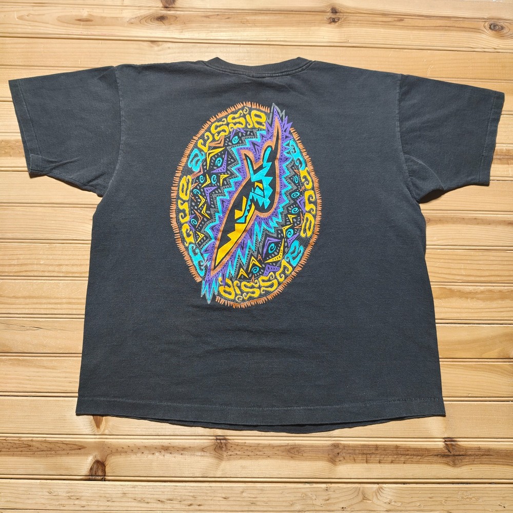 Vintage 90s Abstract Tribal Surfing Skate Neon Retro Graphic T-Shirt USA - Large-image