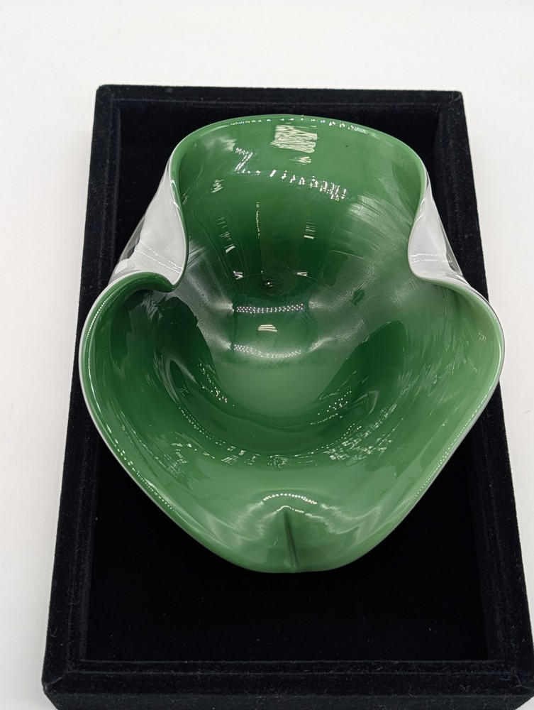 Vintage Murano Style Art Glass Bowl Green White Cased Quilted Folded Dish Italy