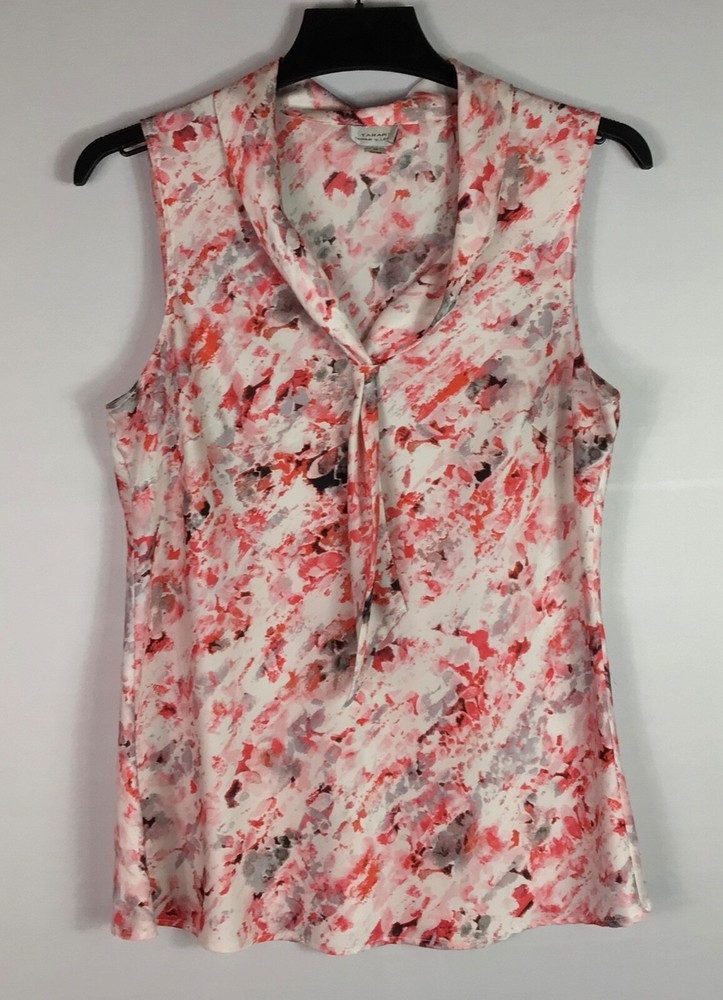 Tahari Arthur S. Levine Tank Top Womens Med White Pink Tie Neck Sleeveless