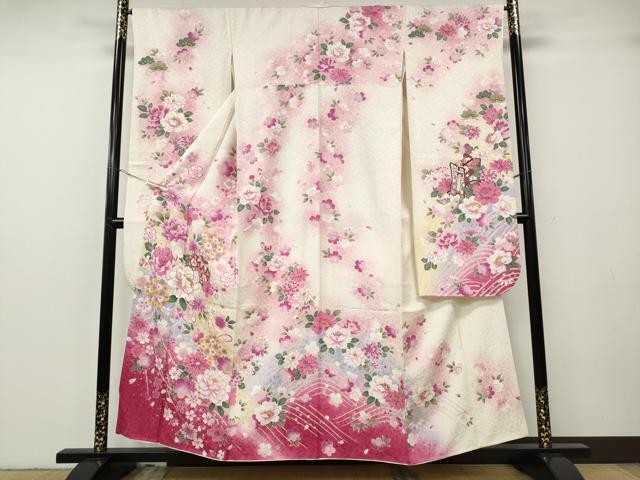 Heiwaya Long-Sleeved Kimono Embroidery Flower Ball Silk Japan