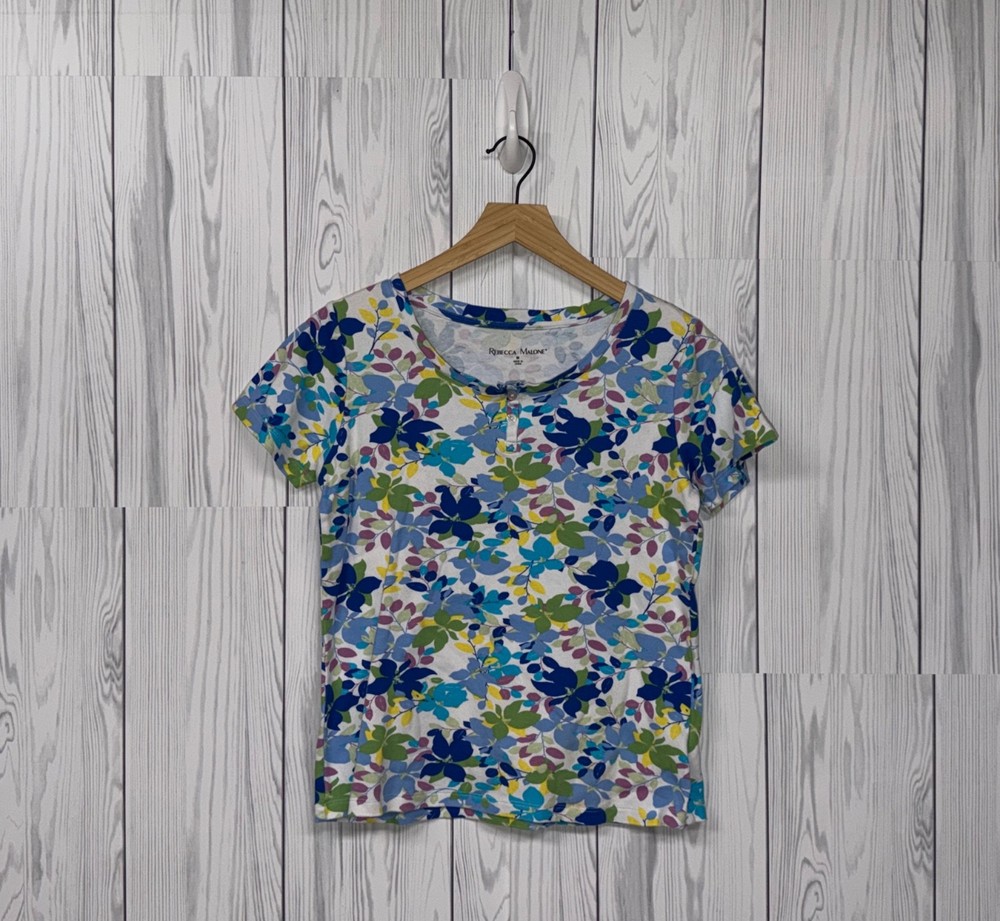 Rebecca Malone t shirt womens size medium short sleeve white floral cotton
