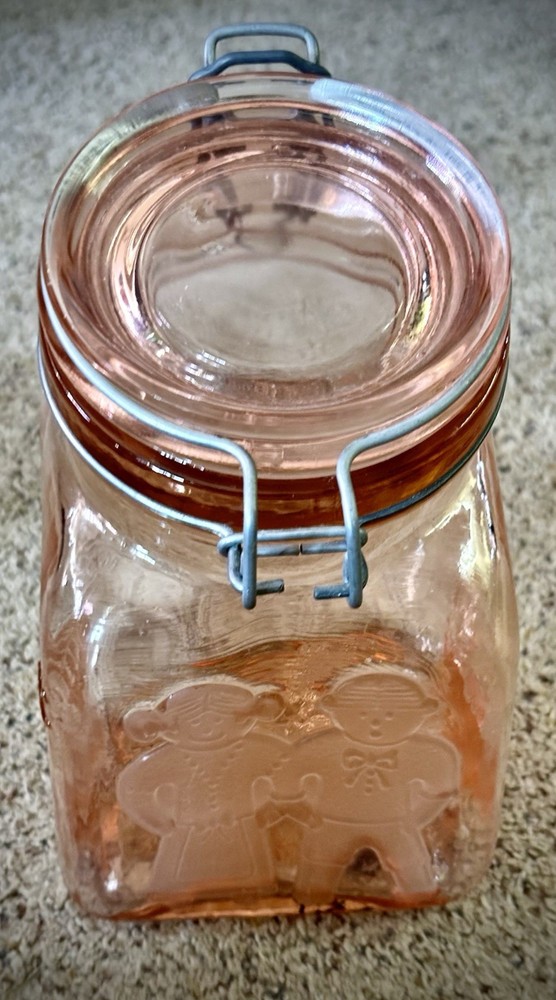 Vintage Pinky Peach Depression Glass Jar Embossed Design, Wire Bail &Hinged Lid