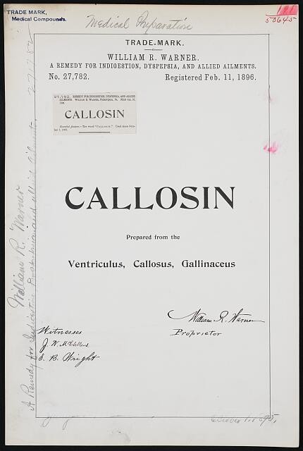 William R. Warner Callosin brand Remedy Indigestion, Dyspepsia, Allied Ailments