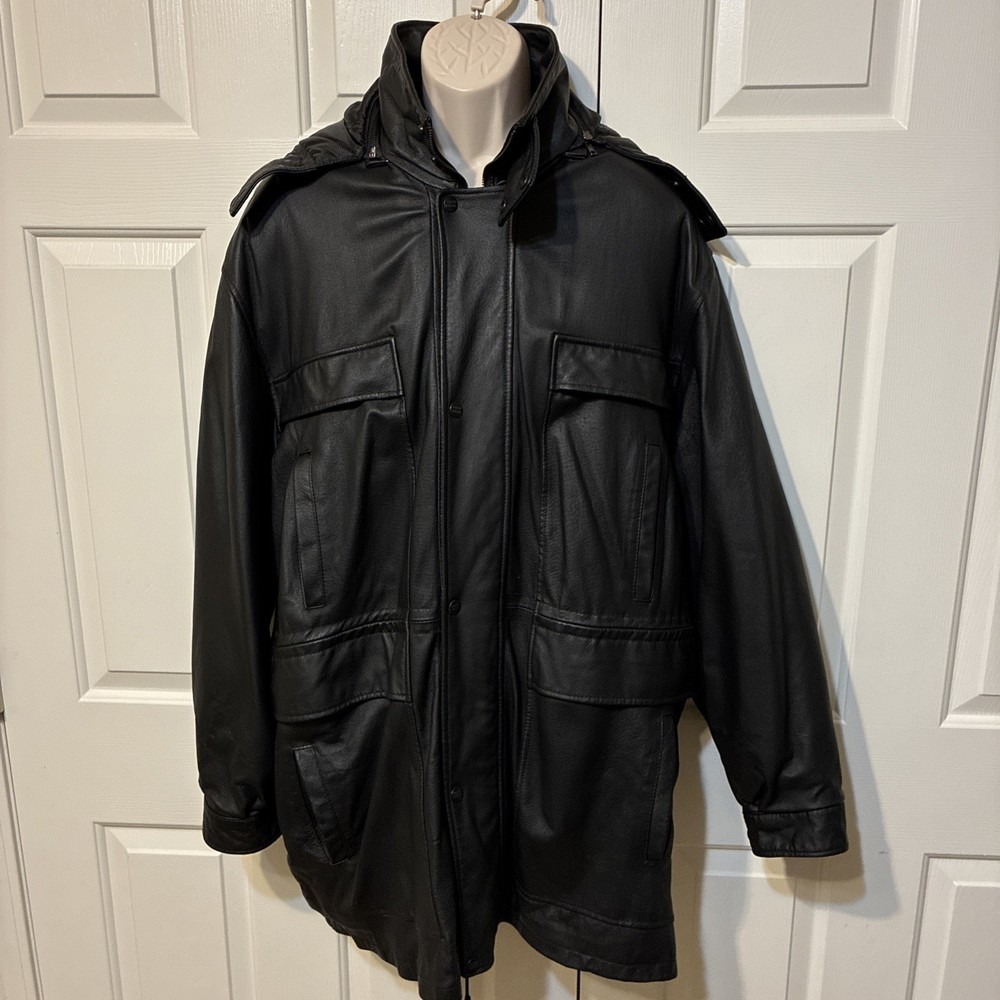 Vintage PHASE 2 Black Leather Coat With Detachable Hood-size XXL