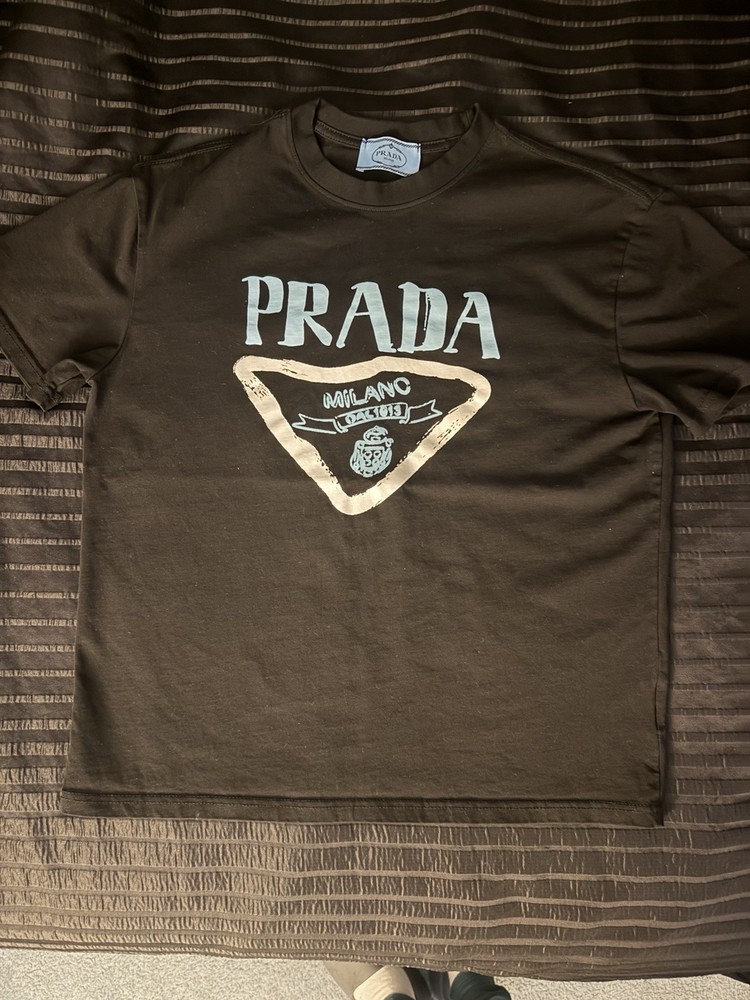 PRADA Black Graphic Logo Men's T-Shirt L Cotton Short Sleeve Crew Neck