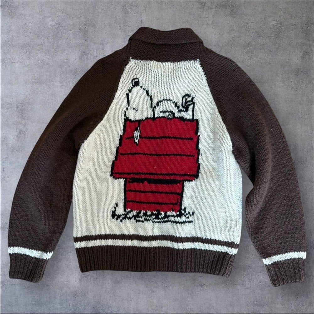 Vintage Snoopy Peanuts Cowichan Knit Sweater Brown White Dog House M Rare 90s