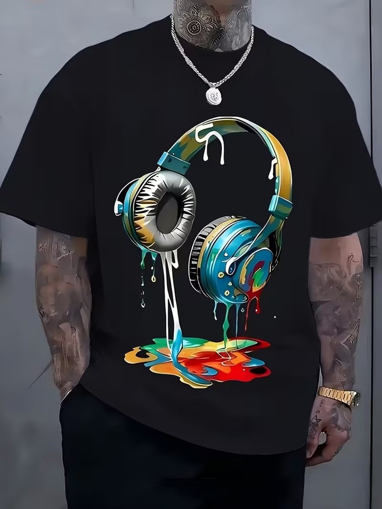 T-Shirt Featuring a Lively Design of Headphones And Paint Splatters