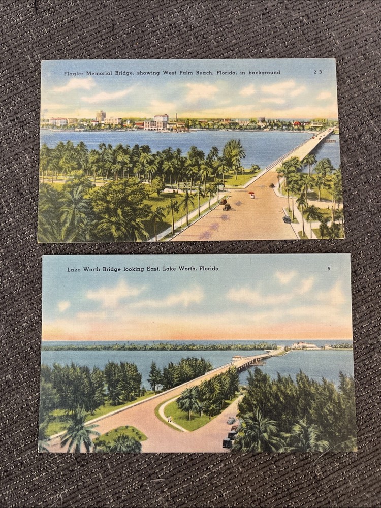 Linen Postcards Palm Beach, Florida~Lake Worth Bridge & Flagler Memorial Bridge