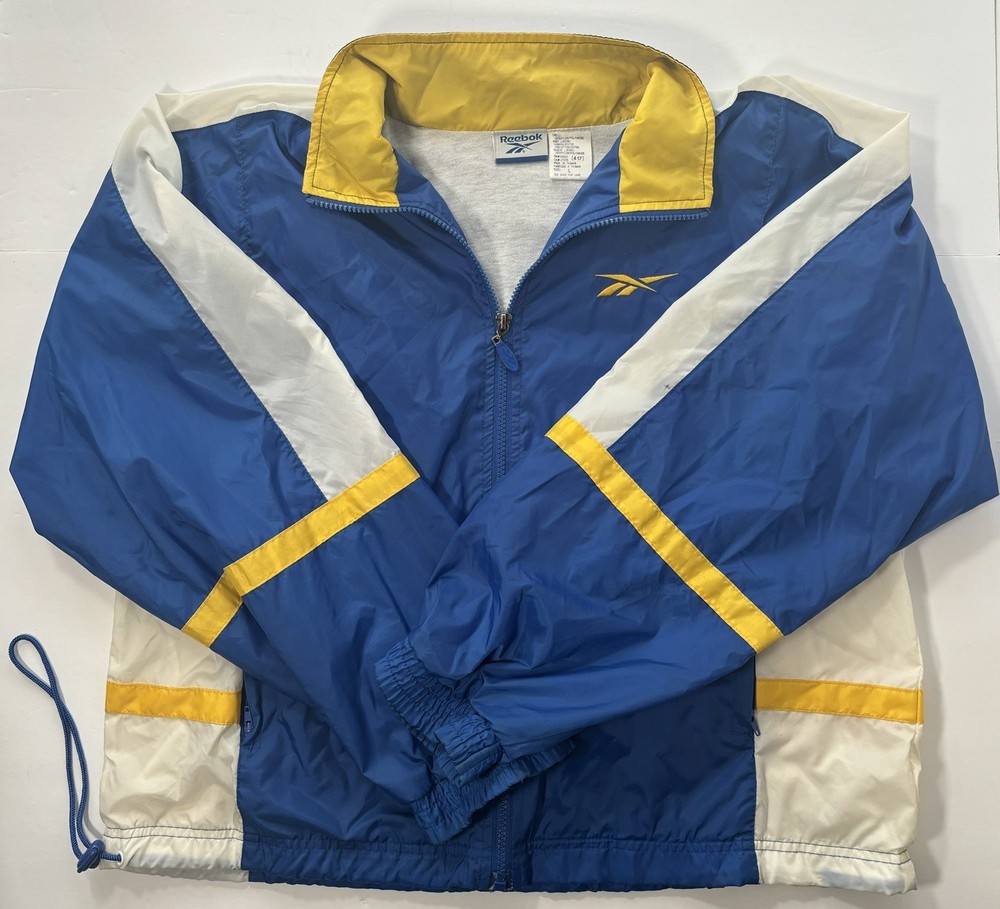 Vintage Reebok Large Windbreaker Track Jacket Full Zip Blue White Yellow 80s 90s