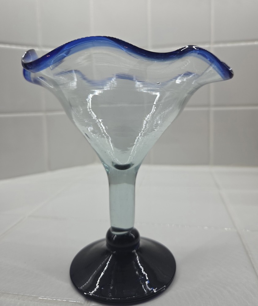 Handblown Mexican Glass Cobalt Blue  Ruffle Edge Goblet/Candy Dish