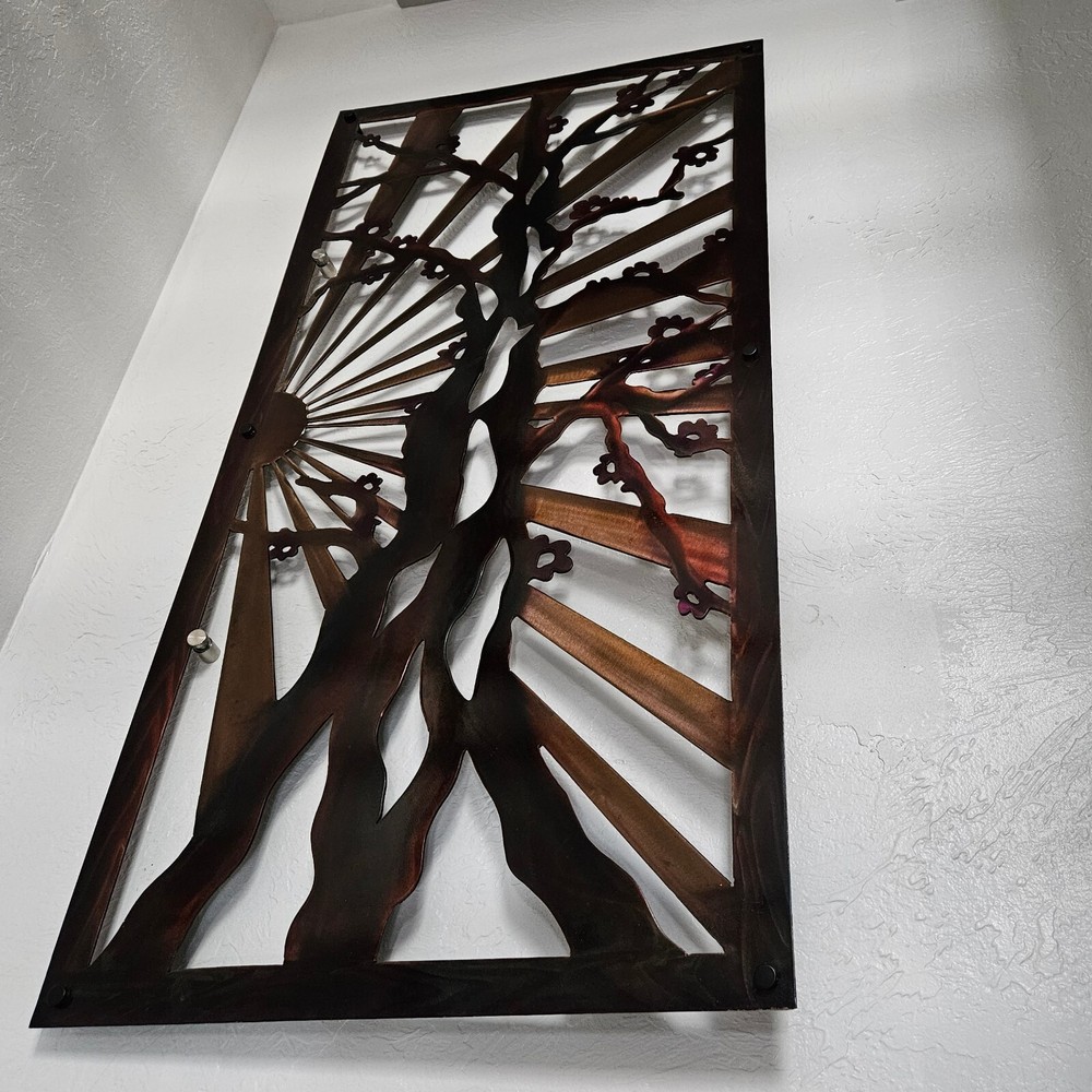 Metal wall art large abstract cherry tree with sun outdoor patio sculpture art-image