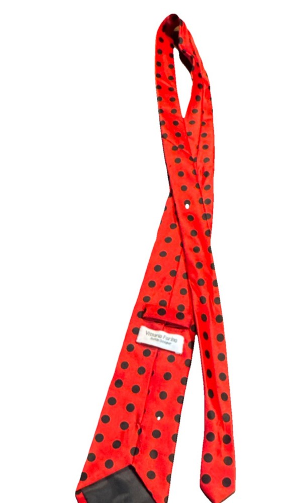 Vintage Vittorio Farina Men's 100% Polyester Tie Red Black Polka Dot Handmade