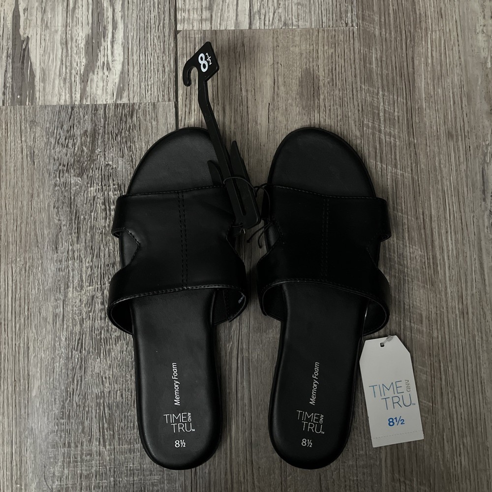 TIME AND TRU MEMORY FOAM Black Core HBand Flat Heel Sandals Size 8 1/2