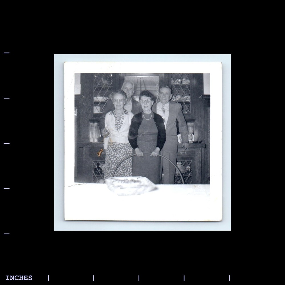 Old Square Photo MEN WOMEN STANDING IN DINING ROOM