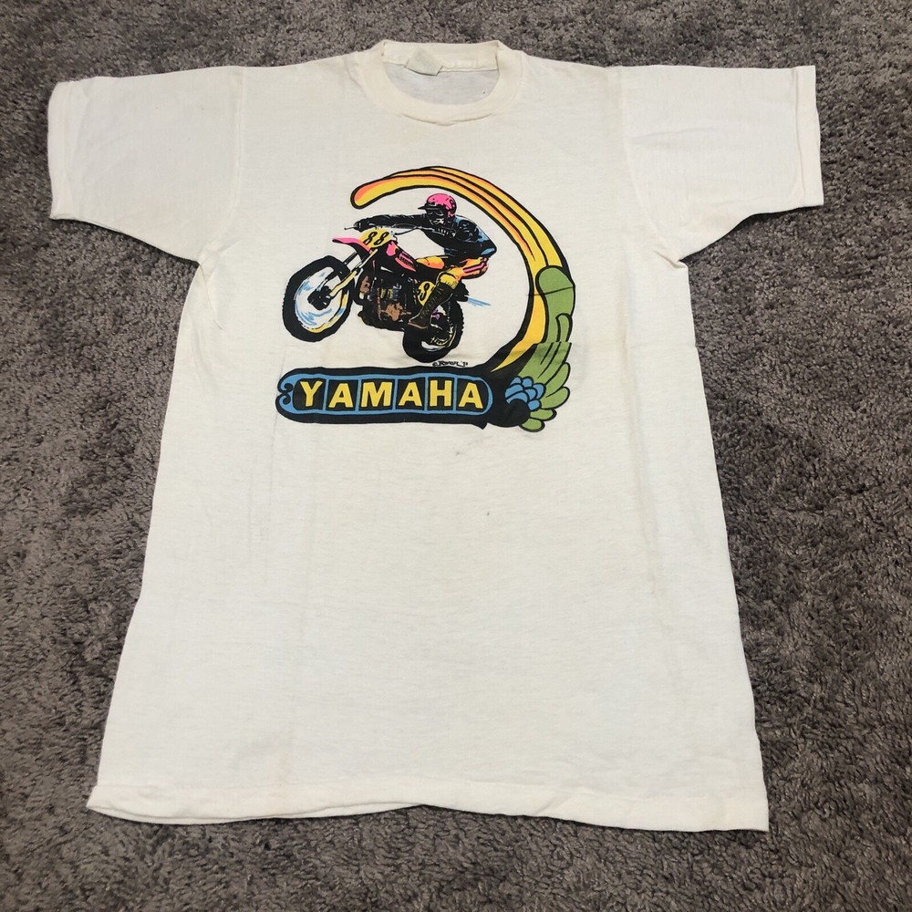 True Vintage 70s Yamaha Motorcycle Roach Graphic T-Shirt Small White Rare Thin