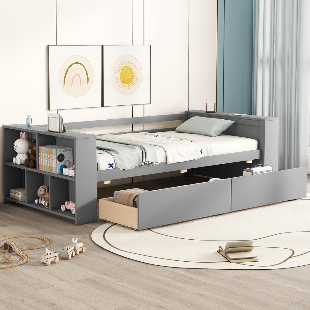 Gray Twin Daybed with Built-in Shelves and Drawers for Extra Storage