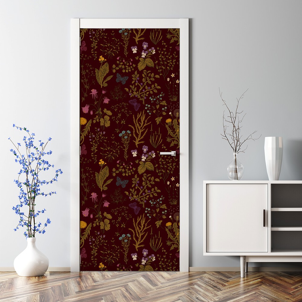 Dark Field Flowers Bubble-Free Brown Green Door Sticker Home Decor