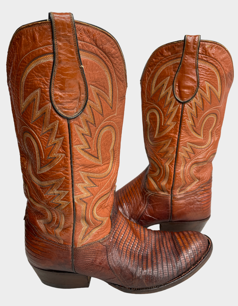 Vintage Crown Boot Company Brown Lizard Leather Western Cowboy Boots Men's 8