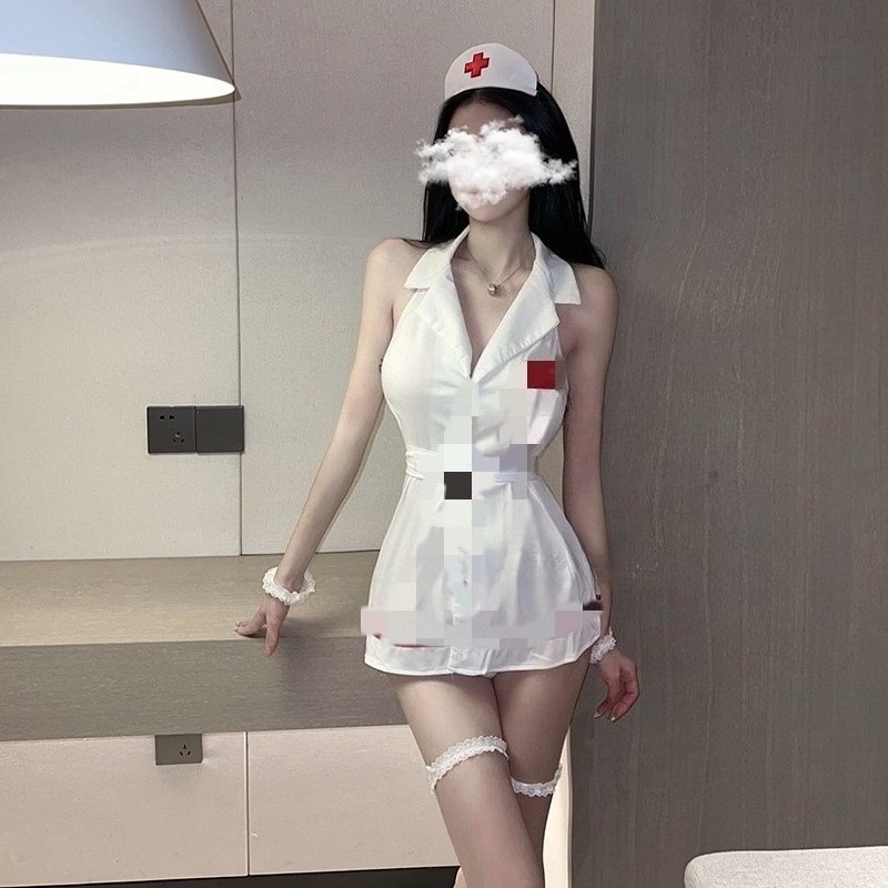 Sexy Halter Cutout Bodysuit Nurse Costume with Waist Cinch Mini Skirt Set