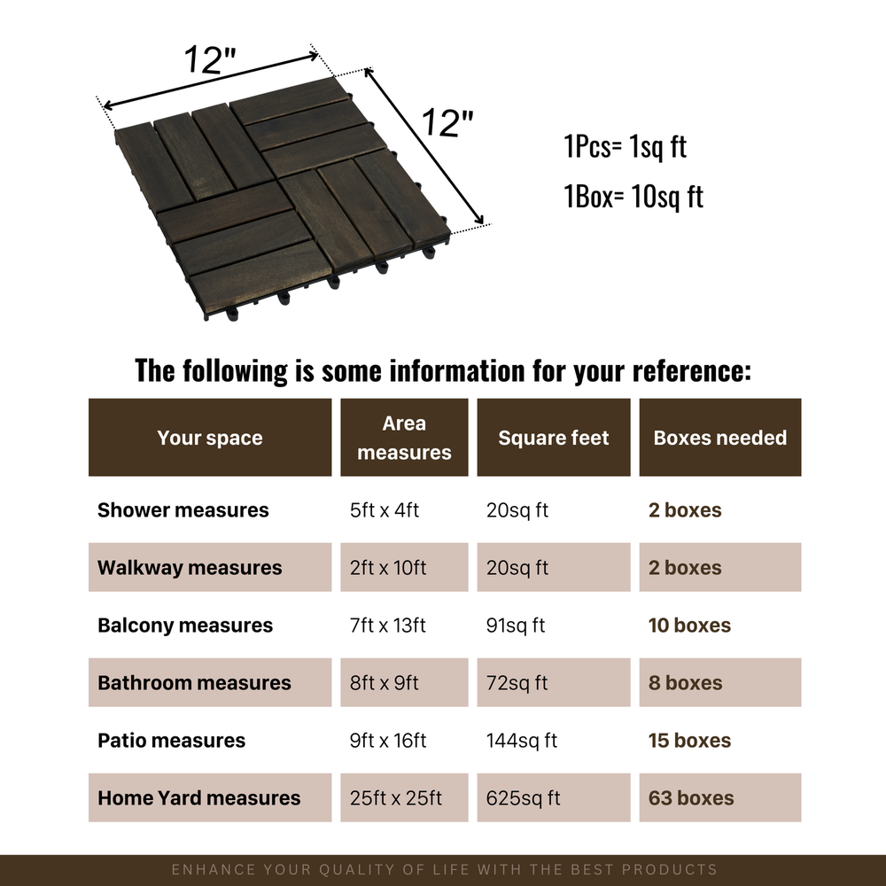Acacia Wood Interlocking Deck Tiles 10PCS 12x12 Checker Pattern Dark Brown-image