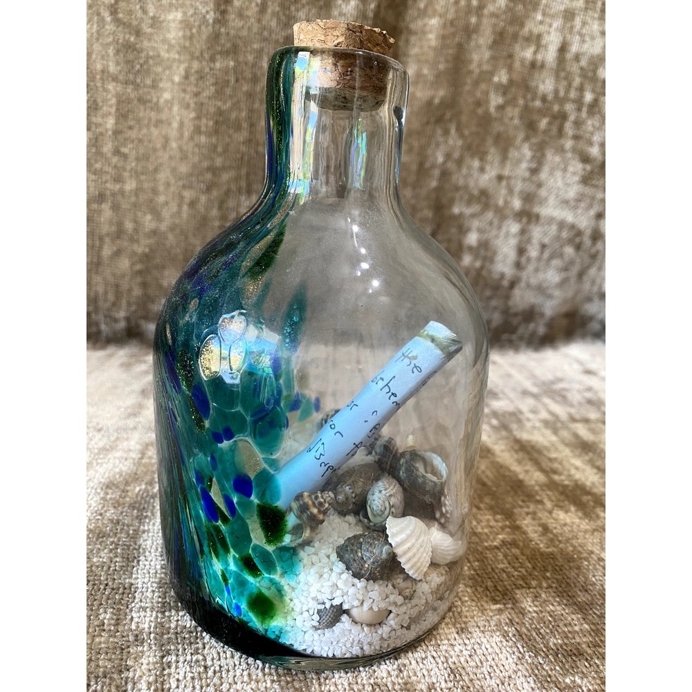 Vtg Message in a Bottle – Murano Style Swirled Art Glass, Seashells & Sand, 7x4”