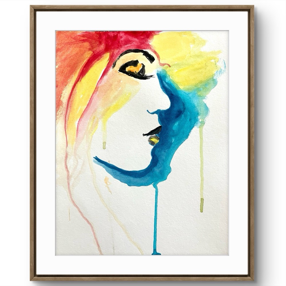 TITA PAINTZ Rainbow Watercolor Woman Face Portrait Hand Painted 9x12 Wall Art