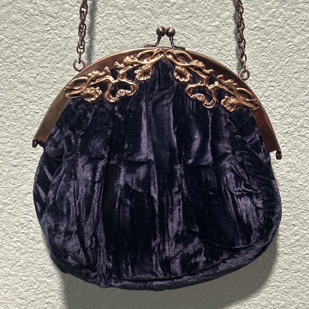 Vintage Julius Resnick Rauch Blue Velvet Antiqued Copper & Silver Frame Eve Bag