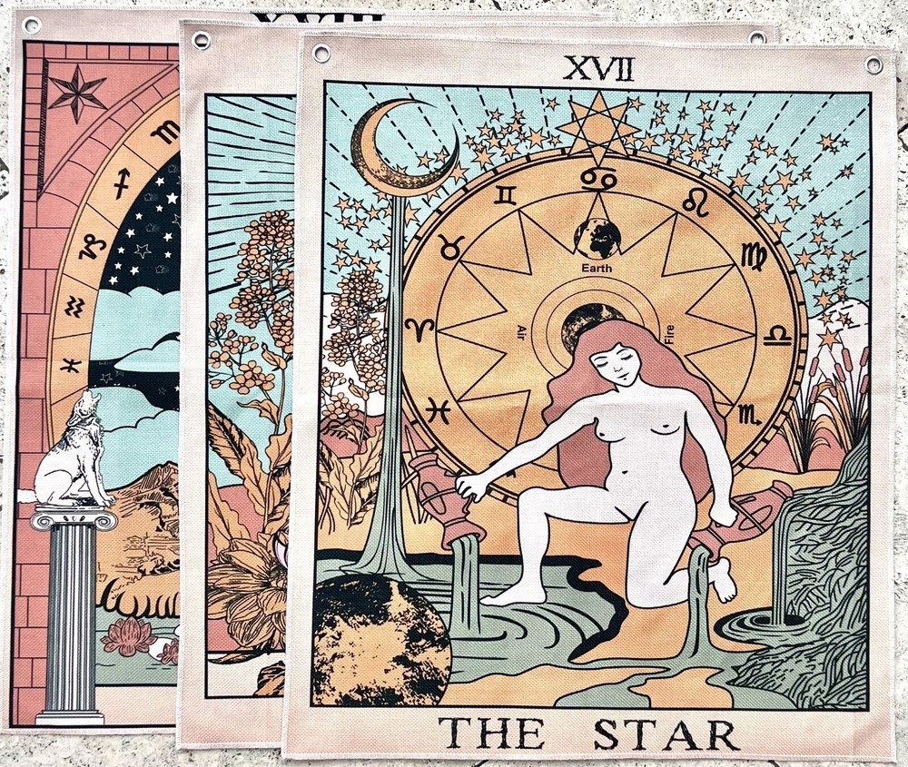 Tarot Tapestry Wall Hanging Set Featuring The Sun Moon and Star Boho Witchy Decor