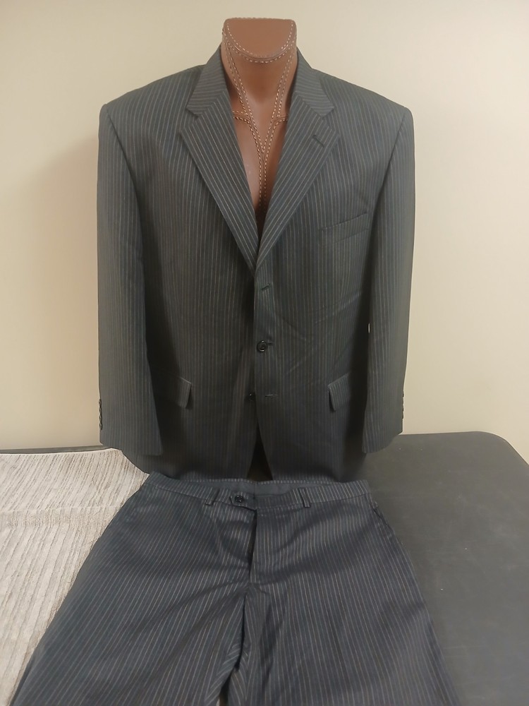 Haggar Men's 2 Piece Pinstripe Suit Dark Grey 46R 36x29 Polyester Viscose