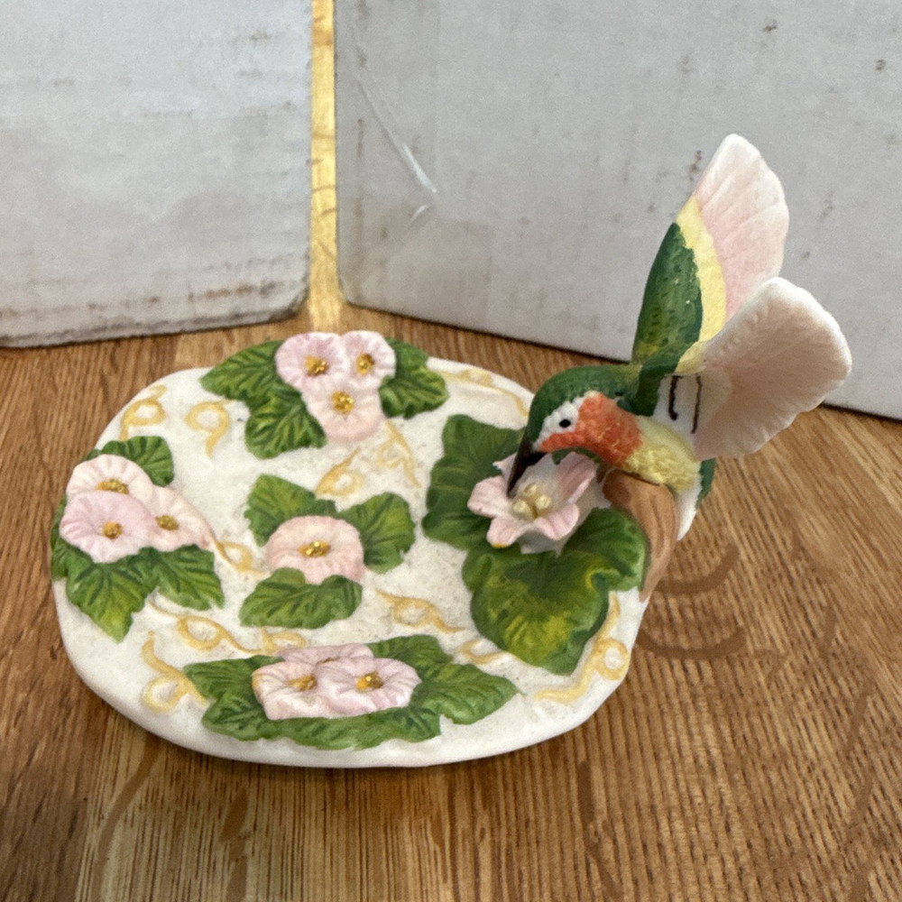 Ceramic Hummingbird Figurine Hand Painted Floral Multicolor Flower Sculpture