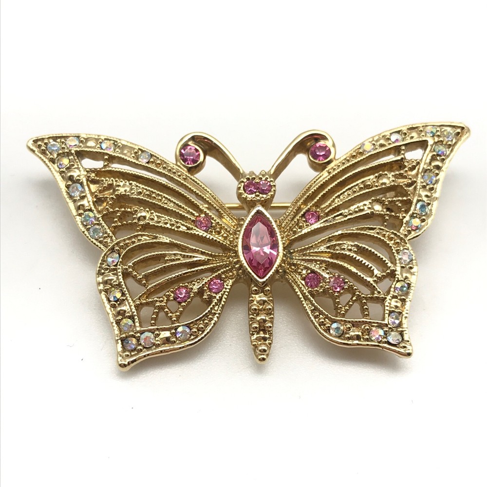 Vintage Pink & AB Rhinestone Gold Tone Butterfly Brooch Pin