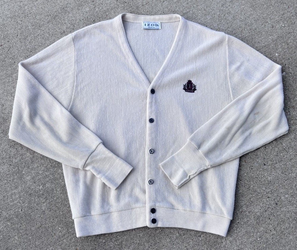 Vintage 90s IZOD Crest Logo Cardigan Sweater Men's Size Large Cream Made in USA