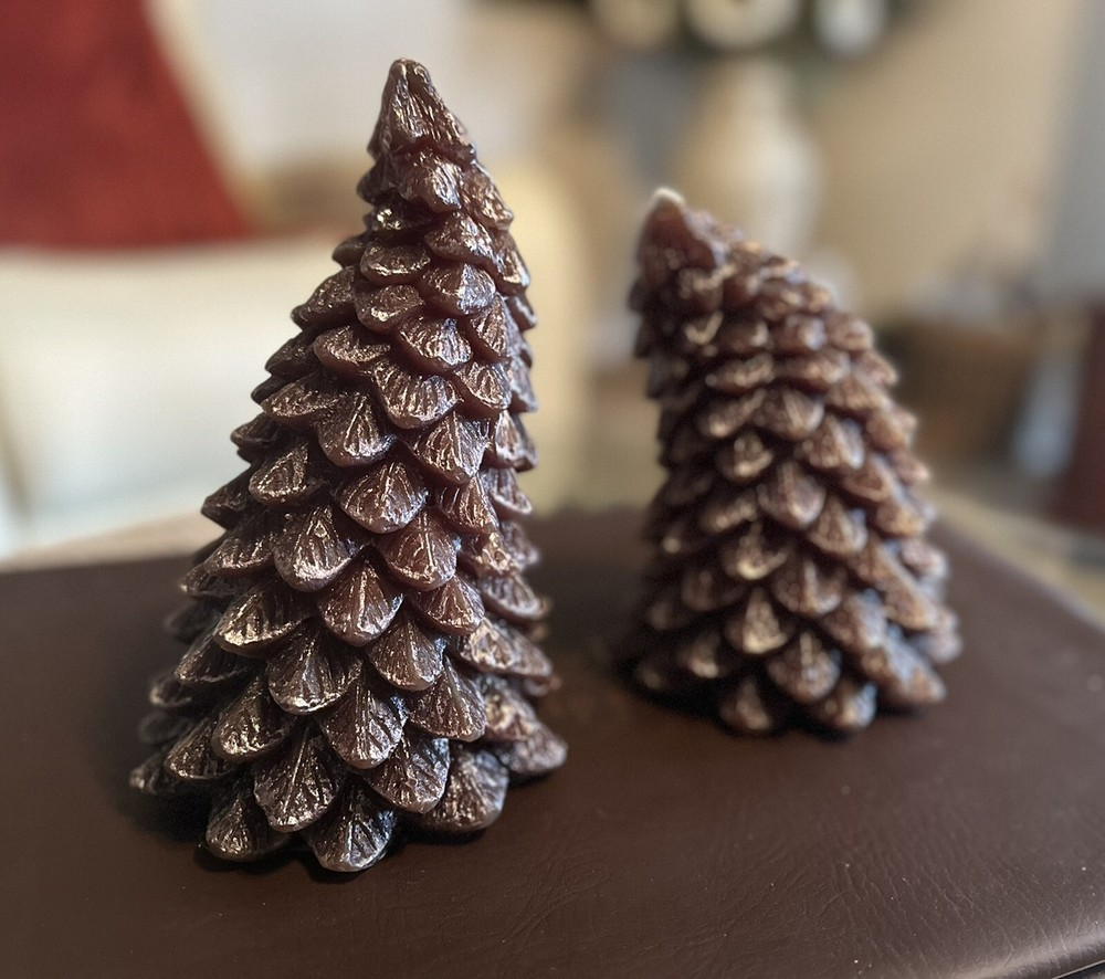 Pair of Whimsical Tree Pinecone Christmas Wax Accent Candles |  4” x 8”/6.5”-image