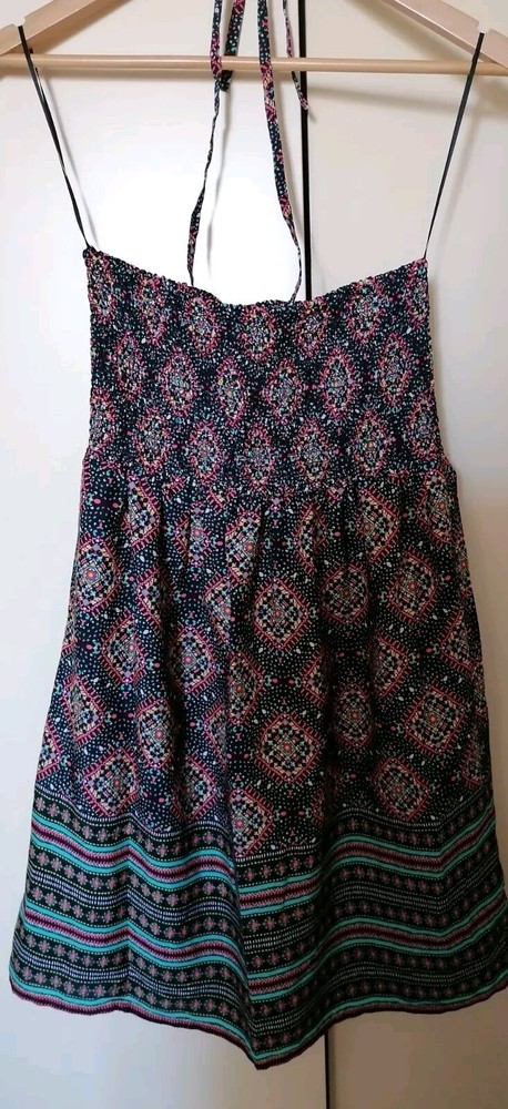 Abstract Aztec Black Multi Print Strapless Mini Bandeau Dress Tie Neck UK Size 12-image