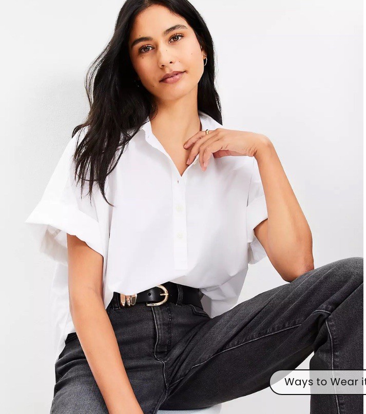 LOFT White Poplin Henley Dolman Tunic Top Womens Large NWT Blouse